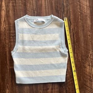 Zara Light Blue and Cream Cropped Striped Knit Top M